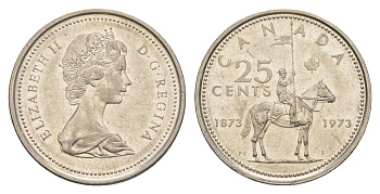Канада 25 центов 1973 100 лет канадской горной полиции (1873-1973), Елизавета II (1952-2022) KM 81 никель 4638-515