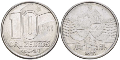 Бразилия 10 крузейро 1990 золотодобыча KM 619.1 нержавеющая сталь 4179-541
