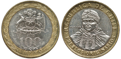 Чили 100 песо 2010 индейцы Мапуче KM 236 биметалл 4681-533