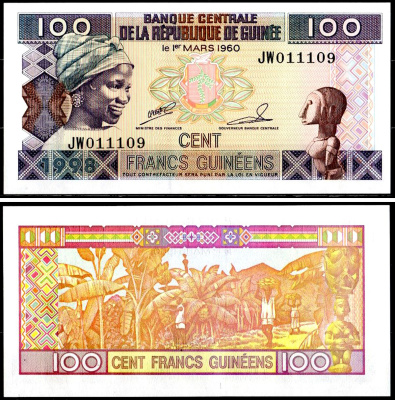 Гвинея 100 франков 1998 Pick 35 a (2) бумага UNC (пресс) 6281-7-3-2