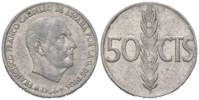 Испания 50 сентимо 1966 (69) Франсиско Франко (1939-1975) KM 795 алюминий 4621-441