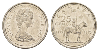 Канада 25 центов 1973 100 лет канадской горной полиции (1873-1973), Елизавета II (1952-2022) KM 81 никель 4638-515