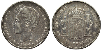 Испания 1 песета 1900 (00) SM-V, АЛЬФОНСО XIII (1886-1931) KM 706 (Y88) серебро 1521-145