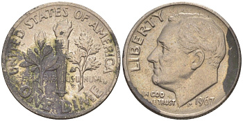 США 10 центов (дайм) 1967 Рузвельт KM 195а медь плакированная медно-никелем 187-344