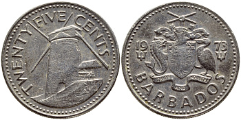 Барбадос 25 центов 1973 ветряная мельница Моргана Льюиса KM 13 медно-никель 4398-342