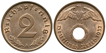 Германия 2 рейхспфеннига 1937 A KM 90, J. 362 бронза 176-436