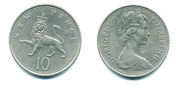 Великобритания 10 пенсов 1975 Елизавета II (1952-2022) KM 912, Spink 4231 (F1) медно-никель 4383-936