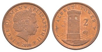 Остров Мэн 2 пенса 2006 PM, Елизавета II (1952-2022) KM 1254 сталь плакированная медью aUNC 4652-741