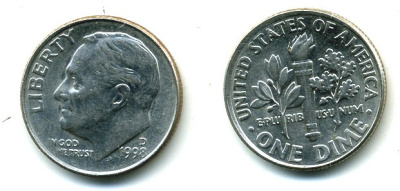 США 10 ЦЕНТОВ = 1 ДАЙМ 1998 D, РУЗВЕЛЬТ KM 195а медь плакированная медно-никелем 46-2542