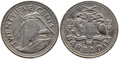 Барбадос 25 центов 1973 ветряная мельница Моргана Льюиса KM 13 медно-никель 4398-342