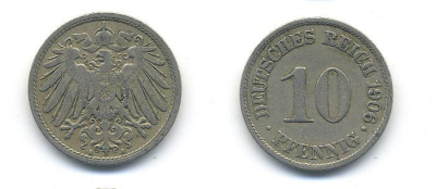 ГЕРМАНИЯ 10 ПФЕННИГОВ 1906 A KM 12, J. 13 медно-никель 58-245