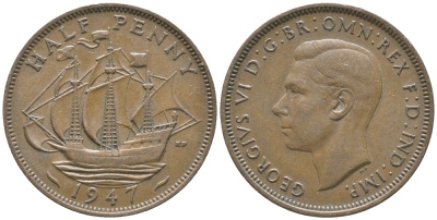 Великобритания 1/2 пенни 1947 Георг VI (1936-1952) KM 844, Spink 4115 бронза 34-225