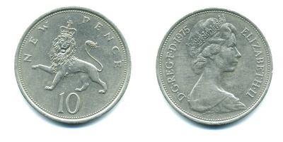 Великобритания 10 пенсов 1975 Елизавета II (1952-2022) KM 912, Spink 4231 (F1) медно-никель 4383-936