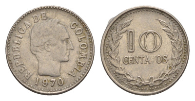 Колумбия 10 сентаво 1970 KM 236 сталь плакированная никелем 4655-914