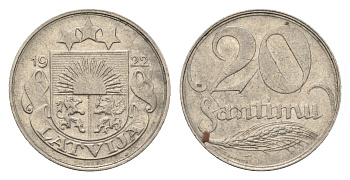 Латвия 20 сантимов 1922 год-тип KM 5 никель 4689-763