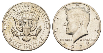 США 1/2 доллара (50 центов) 1972 D, Джон Кеннеди KM 202b медь плакированная медно-никелем aUNC 189-223
