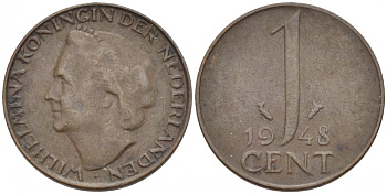 Нидерланды 1 цент 1948 Вильгельмина (1890-1948), год тип KM 175 бронза 3457-1139