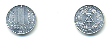 ГДР 1 ПФЕННИГ 1968 А KM 8.1 алюминий 80-718