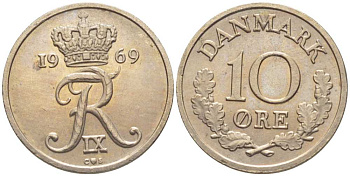 Дания 10 эре 1969 C,S, Фредерик IX (1947-1972) KM 849.1 медно-никель 201-1228