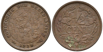 Нидерланды 1/2 цента 1938 Вильгельмина (1890-1948) KM 138 бронза 4588-961