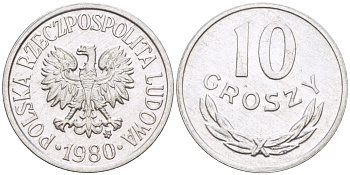 ПОЛЬША 10 ГРОШЕЙ 1980 MW KM AA47, Parchimowicz 206t алюминий UNC 4181-1138