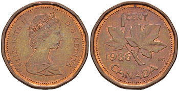 Канада 1 цент 1986 Елизавета II (1952-2022), кленовый лист KM 132 бронза 54-845