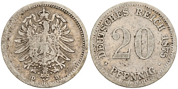 Германия 20 пфеннигов 1875 D J.5  KM 5 серебро    4602-716