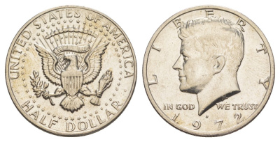 США 1/2 доллара (50 центов) 1972 D, Джон Кеннеди KM 202b медь плакированная медно-никелем aUNC 189-223