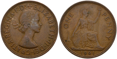 Великобритания 1 пенни 1961 Елизавета II (1952-2022) KM 897, Spink 4157 4599-245