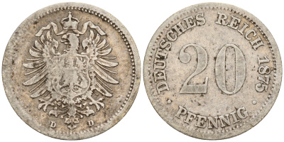 Германия 20 пфеннигов 1875 D J.5  KM 5 серебро    4602-716