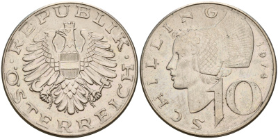 Австрия 10 шиллингов 1974  KM 2918 никель плакированный медно-никелем    4601-944