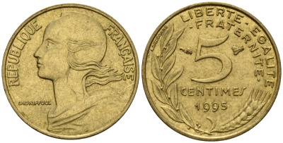 Франция 5 сантимов 1995 KM 933 алюминиевая бронза 4154-1066