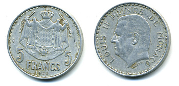 Монако 5 франков 1945 Луи II (1922-1949) KM 122 алюминий 37-711