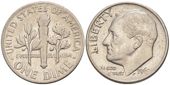 США 10 центов (дайм) 1967 Рузвельт KM 195а медь плакированная медно-никелем 187-345