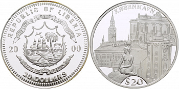 Либерия 20 долларов 2000 серия памятники архитектуры, Копенгаген серебро PROOF 06-282-12