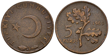 Турция 5 курушей 1965 KM 890.1 бронза 4602-149