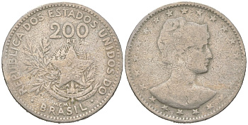 Бразилия 200 реалов 1901 MCMI, голова свободы вправо KM 504 медно-никель 4612-115