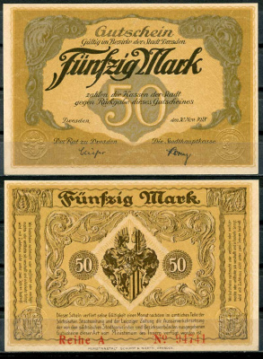 Германия, Дрезден 50 марок 1918 нотгельд, 30.11.1918, reihe A Geiger 108.06  бумага  UNC (пресс) 00-00