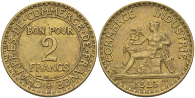 ФРАНЦИЯ 2 ФРАНКА 1925 ТИП CHAMBRES DE COMMERCE KM 877, LE FRANC 267.7 алюминиевая бронза 69-1233