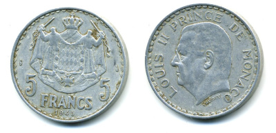 Монако 5 франков 1945 Луи II (1922-1949) KM 122 алюминий 37-711