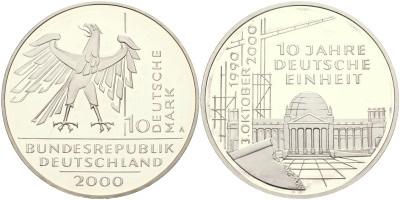 ФРГ 10 марок 2000 D, 10 лет немецкого единства KM 201 серебро PROOF 04-137-21