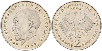 ФРГ 2 марки 1985 D, Конрад Аденауэр, 20 лет Федеративной Республике (1949-1969) KM 124, J. 406 медно-никель плакированный никелем 4137-442