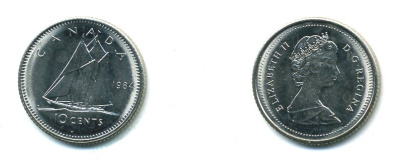 КАНАДА 10 ЦЕНТОВ 1984 ПАРУСНИК KM 77.2 никель UNC 540-732