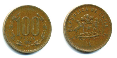 ЧИЛИ 100 ПЕСО 1997 ГЕНЕРАЛ БЕРНАРДО О ХИГГИНС KM 226.2 алюминевая бронза 35-1137