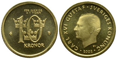 Швеция 10 крон 2002 B, Карл XVI Густав (1973- ) KM 895 медь алюминий цинк PROOFLIKE 41-846