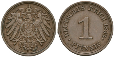 Германия 1 пфенниг 1893 E, Вильгельм II (1888-1918) KM 10, J. 10 медь 1524-541