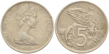 Новая Зеландия 5 центов 1973 Елизавета II (1952-2022), ящерица гаттерия KM 34.1 медно-никель 214-851