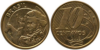 Бразилия 10 сентаво 2013 KM 649, Schon 157 сталь плакированная бронзой 4523-926