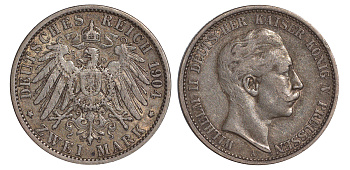 Пруссия 2 марки 1904 A, Вильгельм II (1888-1918) J.102, Weege 101, KM 522 серебро    413-513