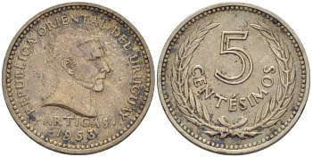 УРУГВАЙ 5 СЕНТЕСИМО 1953 ХОСЕ ХЕРВАСИО АРТИГАС KM 34 медно-никель 57-544